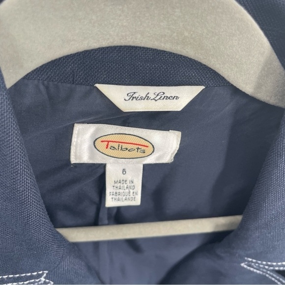 Talbots Jacket Womens Size 6 Navy Blue Linen Blazer Two Button White Stitch - Picture 4 of 7